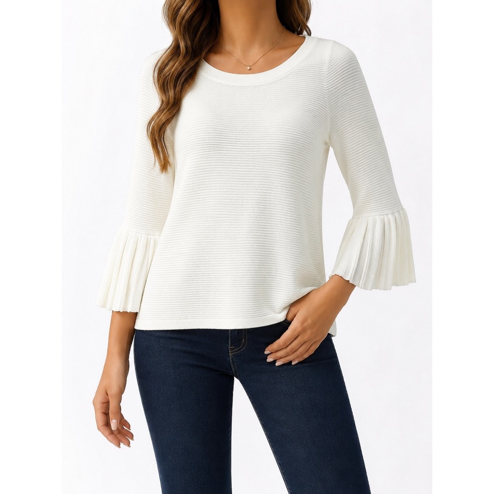 Cyrus Women White Ribbed Knit Top Pleated Bell Sleeve Scoop Neck Size S